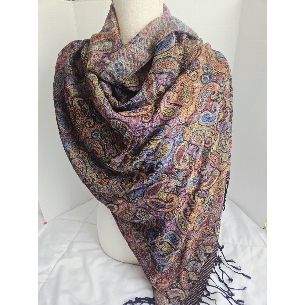 Vtg 90's 100% SILK PASHMINA Jamawar Paysley Wrap Scarf Iridescent Boho Coastal